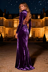 Purple Mermaid Long Sleeve Cut Out Velvet Formal Dress