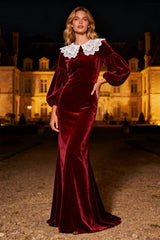 Burgundy Mermaid Long Sleeve Velvet Holiday Party Dress with Lace