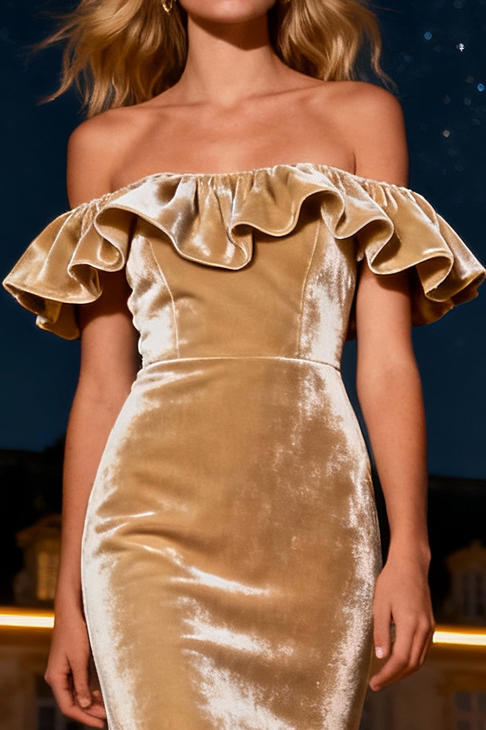 Off The Shoulder Champagne Mermaid Maxi Holiday Dress With Ruffles