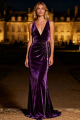 Purple Mermaid Velvet Ruched Maxi Holiday Dress With Beading
