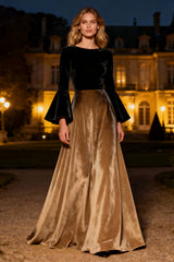 Black A-Line Velvet Maxi Holiday Dress with Flare Sleeves