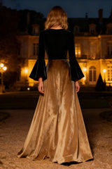 Black A-Line Velvet Maxi Holiday Dress with Flare Sleeves
