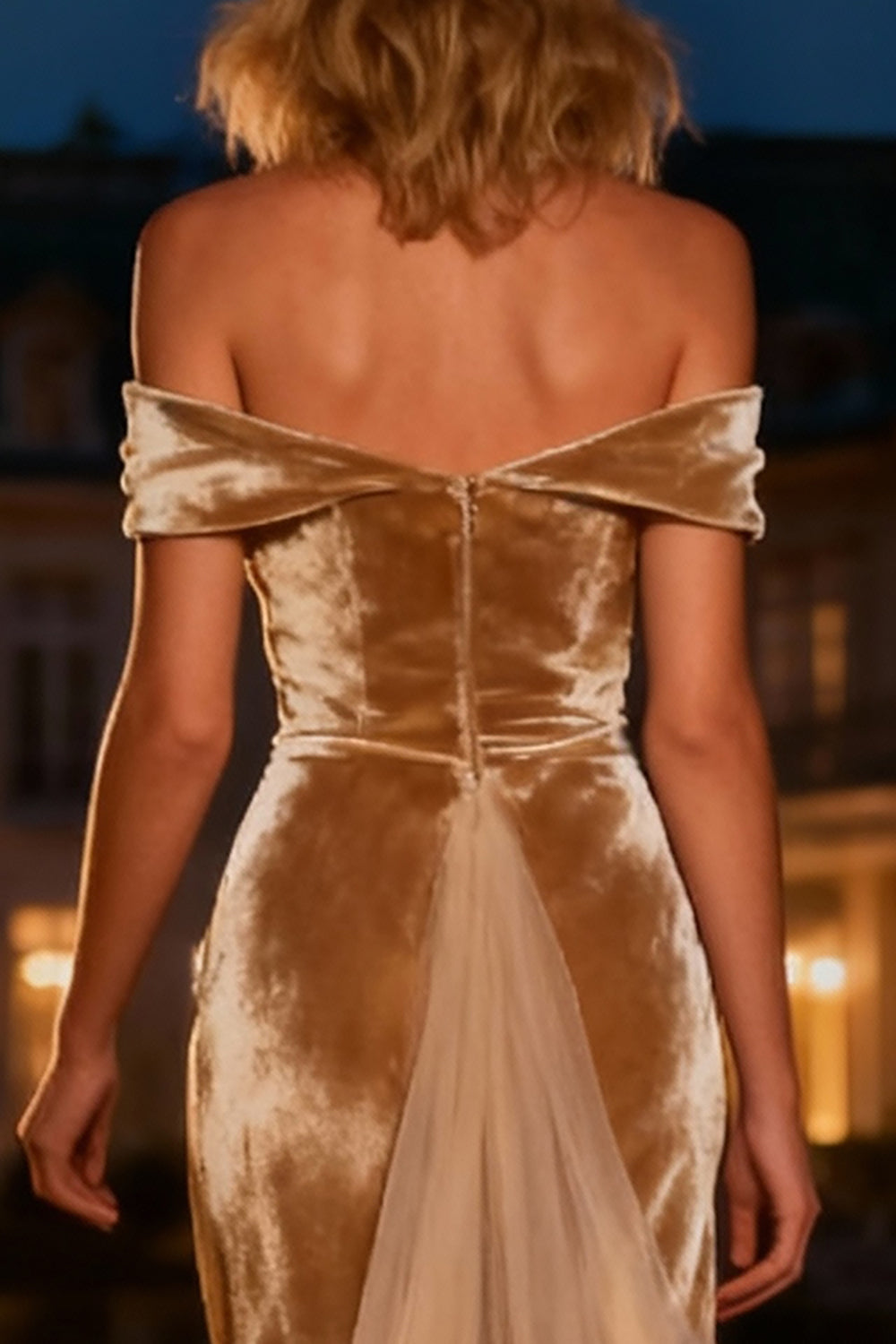 Champagne Off The Shoulder Velvet Long Formal Dress