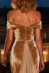 Champagne Off The Shoulder Velvet Long Formal Dress