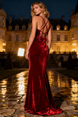 Burgundy Mermaid Velvet Spaghetti Straps Maxi Holiday Dress