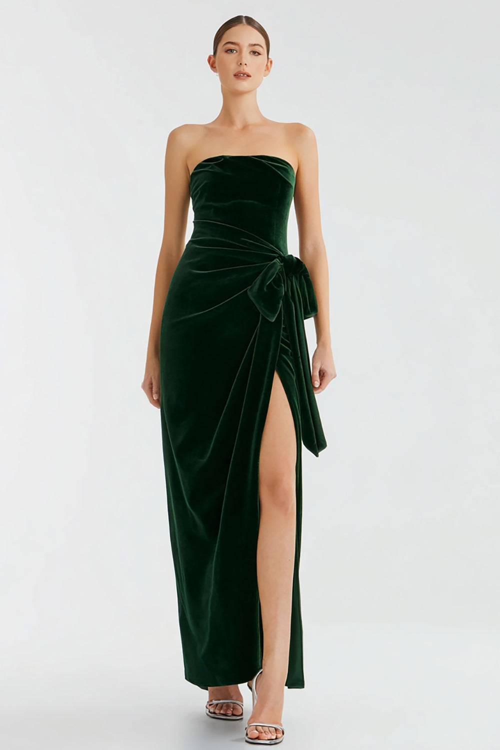 Strapless Pine Ruched Sheath Velvet Holiday Party Dress With Slit