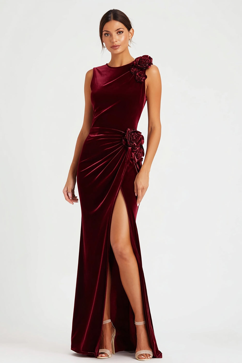 Burgundy Velvet Sheath Holiday Party Dress With Slit