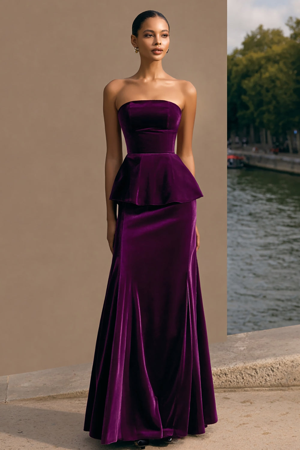 Strapless Plum Velvet Maxi Holiday Party Dress