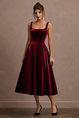 Burgundy A-Line Velvet Tea-Length Holiday Party Dress