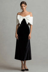 Off The Shoulder Sheath Black and White Formal Dress With Bow