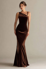 Dark Brown Mermaid Velvet Long Formal Dress