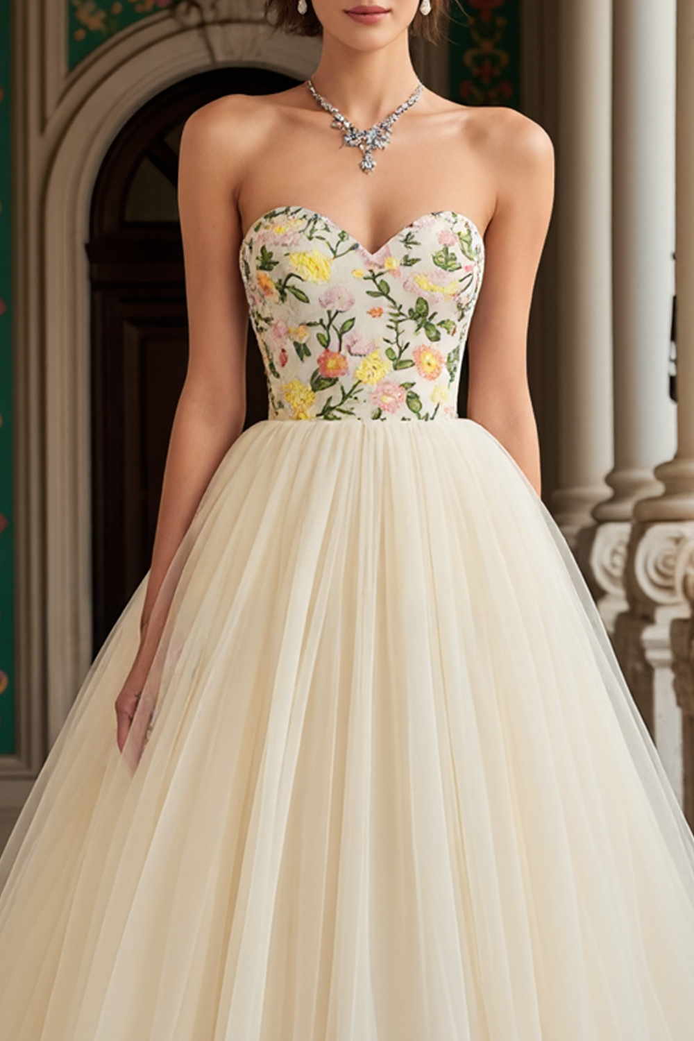 Ivory Sweetheart Embroidered A-Line Tulle Prom Dress