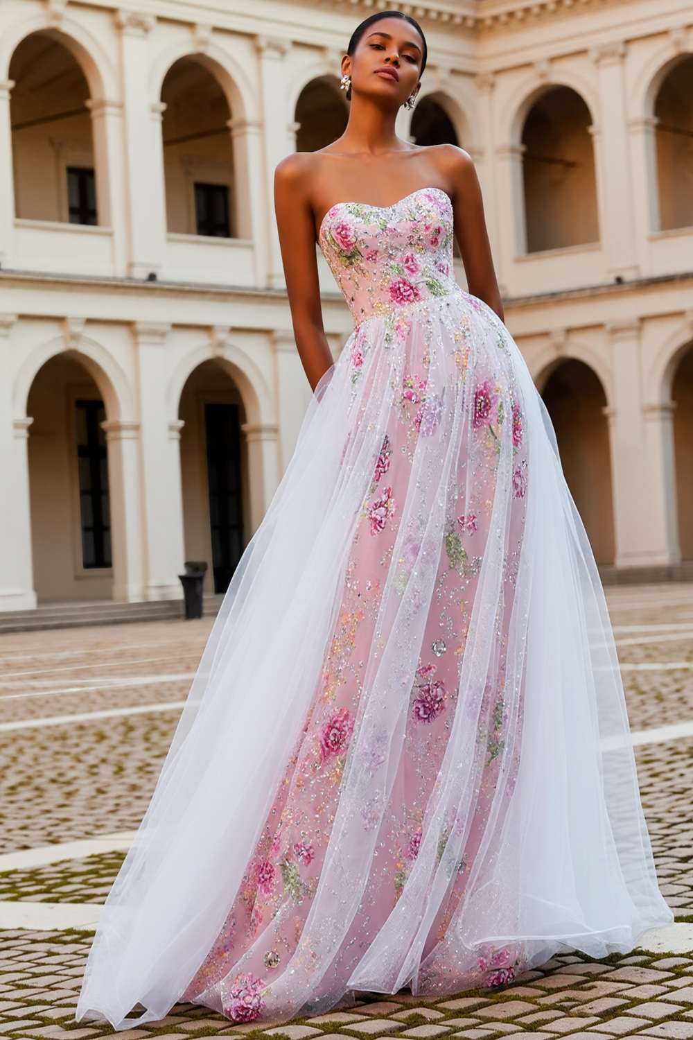 Pink Strapless Floral A-Line Tulle Prom Dress