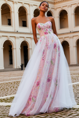 Pink Strapless Floral A-Line Tulle Prom Dress