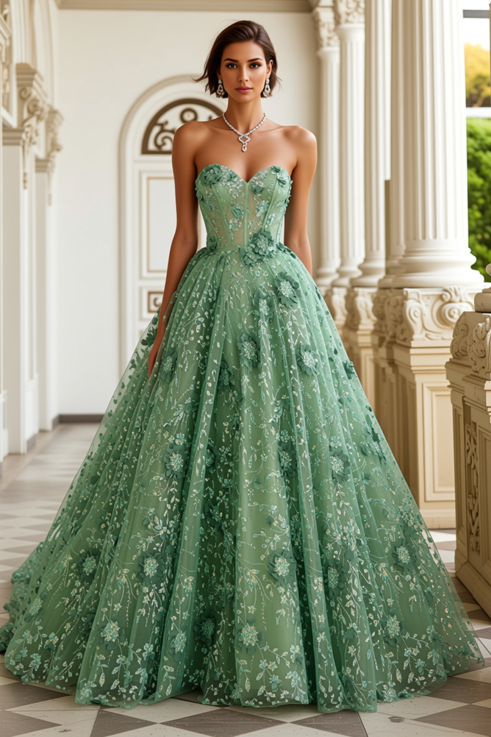 Green Corset Sweetheart Princess Prom Dress With Appliques