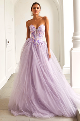 Lilac Sweetheart A-Line Appliqued Maxi Prom Dress