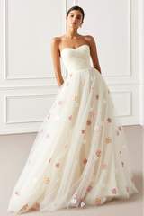 White Strapless A-Line Maxi Prom Dress wih Appliques