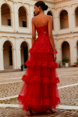 Strapless Red Tiered A-Line Prom Dress With Lace