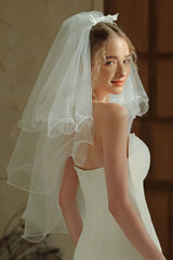 Ivory Ruffled Two-Tier Bridal Veil With Bow