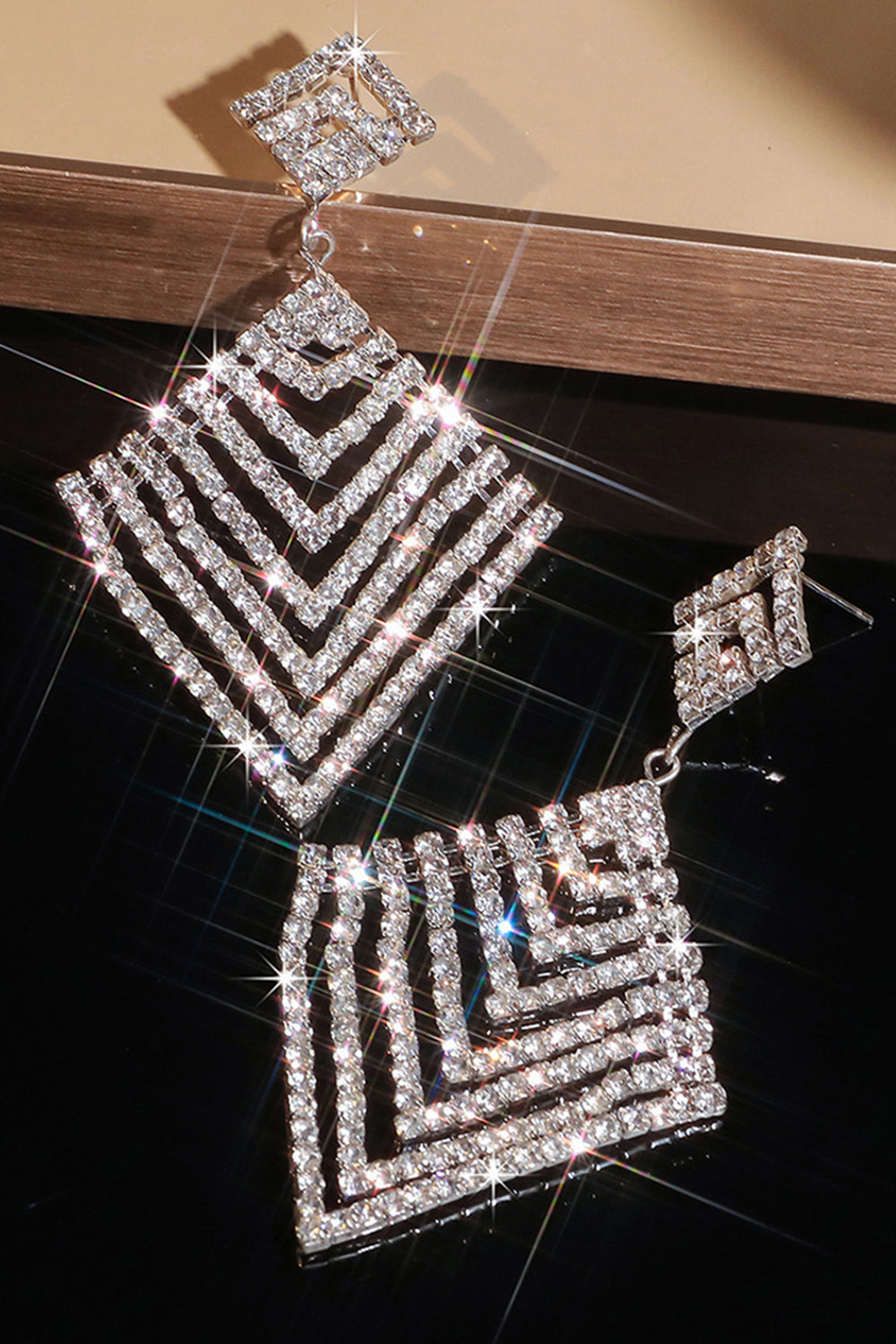 Silver Sqrare Shaped Rhinestone Drop Earrings