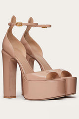 Black Platform Hunky Heel Sandals With Ankle Strap