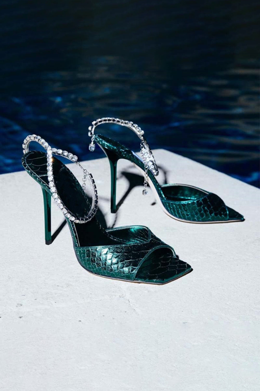 Dark Green Open Toe Stiletto Heels With Rhinestones Ankle Strap