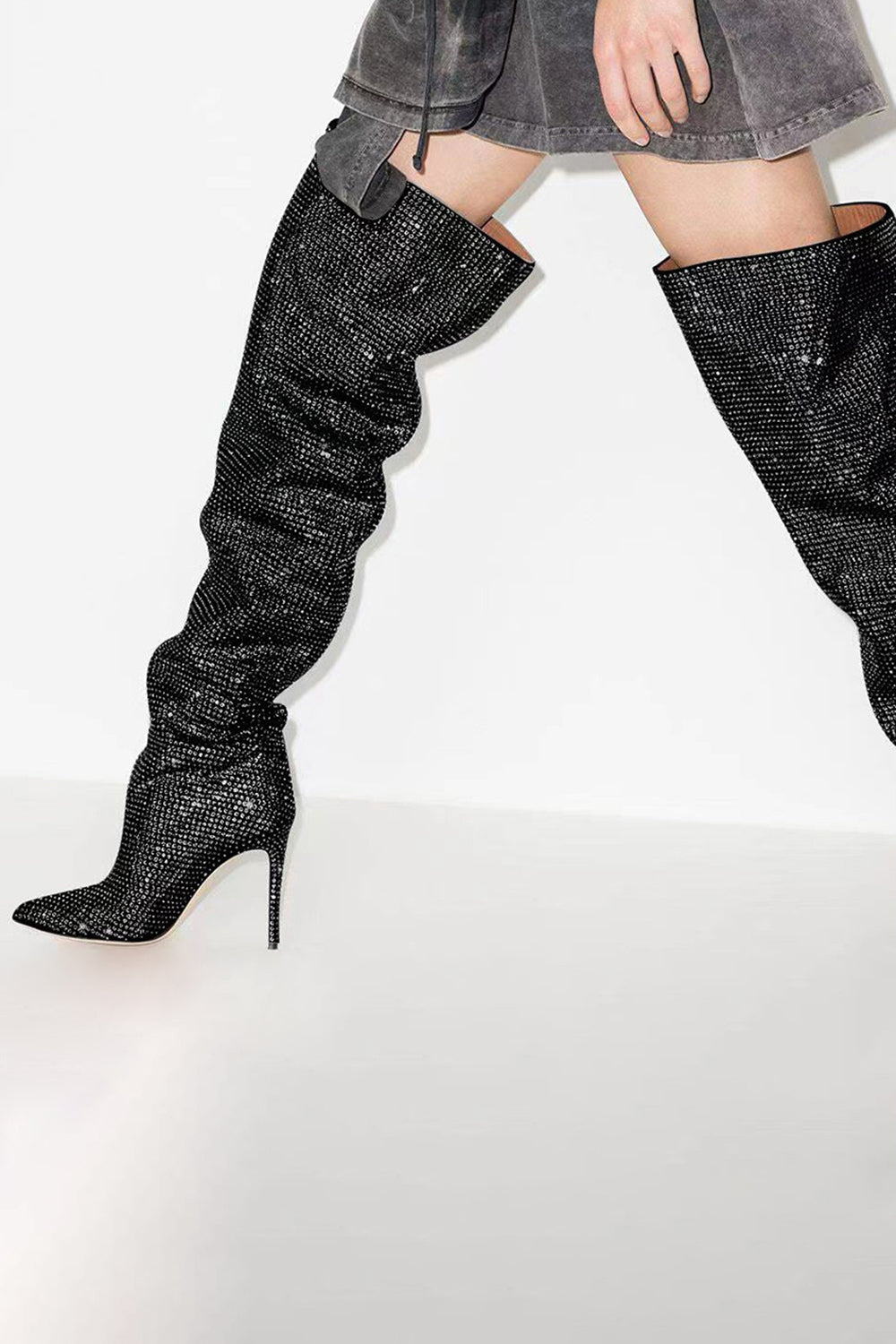 Sparkly Silver Rhinestone Over-The-Knee Stiletto Boots