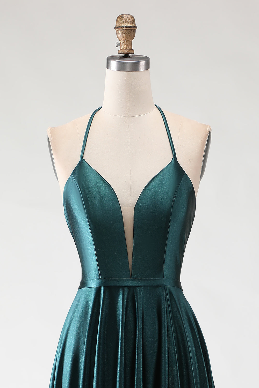 Dark Green A-Line Halter Satin Prom Dress With Slit