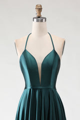 Dark Green A-Line Halter Satin Prom Dress With Slit