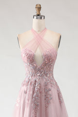 Blush Pink Halter Appliqued Corset Prom Dress With Slit