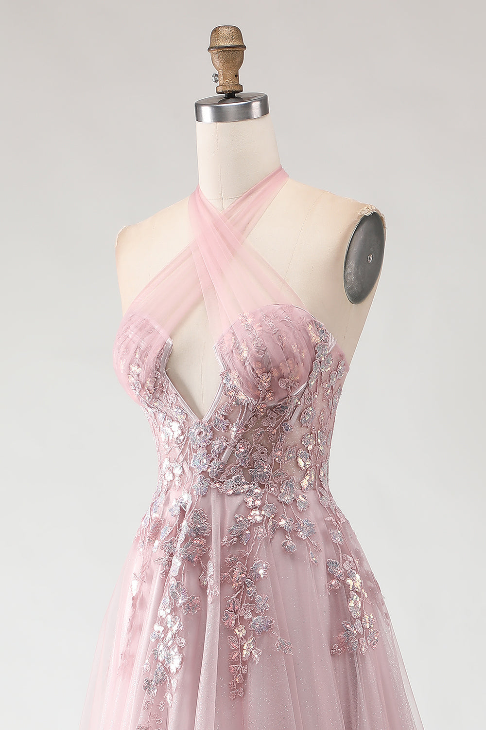 Blush Pink Halter Appliqued Corset Prom Dress With Slit