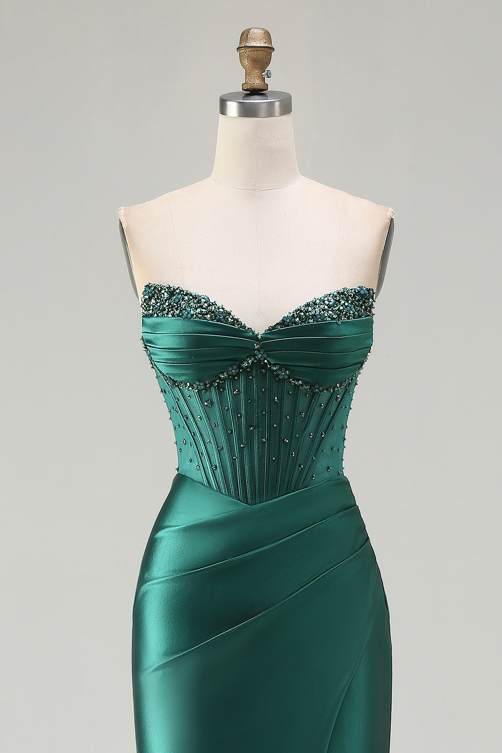 Dark Green Satin Corset Strapless Prom Dress With Slit