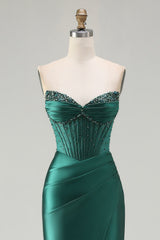 Dark Green Satin Corset Strapless Prom Dress With Slit
