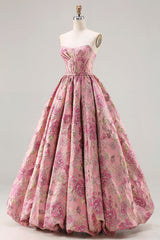 Princess Pink Jacquard Strapless Corset Prom Dress With Lace Up Back