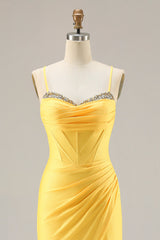 Yellow Mermaid Beaded Corset Prom Dress With Slit