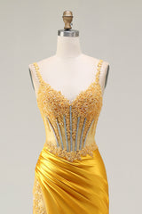 Mermaid Yellow Corset Beaded Prom Dress With Slit