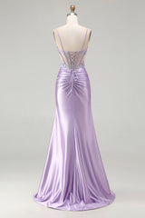 Light Purple Mermaid Corset Ruched Satin Prom Dress With Rhinestones