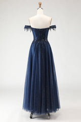 Glitter Navy A-Line Off The Shoulder Corset Prom Dress With Beading