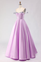 Off The Shoulder Corset Light Purple A-Line Prom Dress With Beading