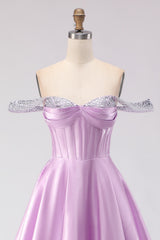 Off The Shoulder Corset Light Purple A-Line Prom Dress With Beading