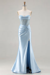 Strapless Mermaid Sky Blue Corset Prom Dress With Slit