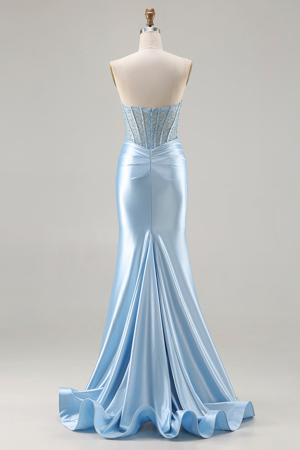 Strapless Mermaid Sky Blue Corset Prom Dress With Slit