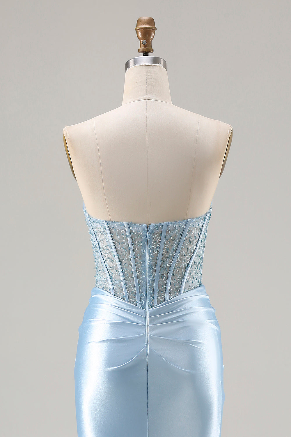 Strapless Mermaid Sky Blue Corset Prom Dress With Slit