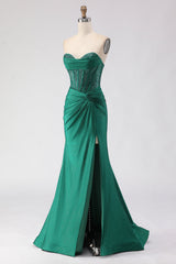 Dark Green Mermaid Sweetheart Beaded Corset Prom Dress With Slit