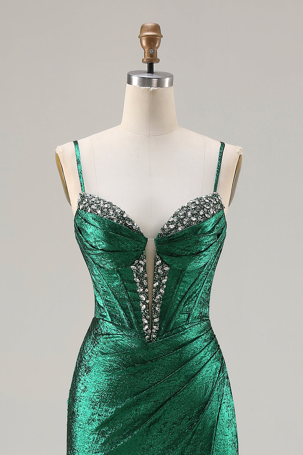 Metallic Dark Green Mermaid Beaded Corset Prom Dress With Slit