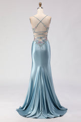 Mermaid Grey Blue Corset Satin Prom Dress With Slit