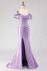 Purple Off The Shoulder Mermaid Beaded Corset Prom Dress With Slit