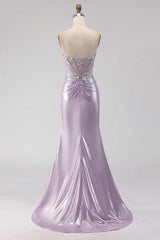 Strapless Mermaid Corset Beaded Light Purple Prom Dress With Slit