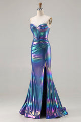 Metallic Navy Strapless Corset Mermaid Prom Dress With Slit