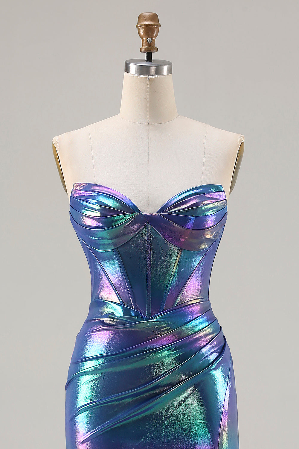 Metallic Navy Strapless Corset Mermaid Prom Dress With Slit